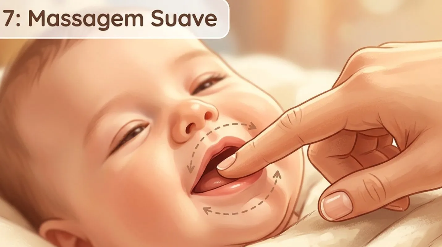 Massagem suave na gengiva do bebê durante a fase dos primeiros dentes